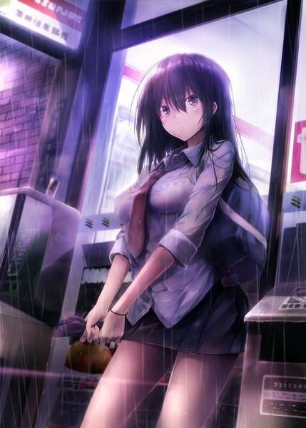 Anime picture 648x906 with original suien single long hair tall image looking at viewer blush fringe light erotic purple eyes purple hair parted lips pleated skirt wet rain wet clothes twisty sleeves wet shirt wringing clothes girl