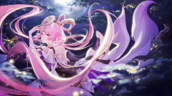 Anime picture 6000x3362 with honkai: star rail honkai (series) fu xuan (honkai: star rail) taiqinglanlanlan single long hair looking at viewer highres breasts light erotic smile wide image standing twintails bare shoulders yellow eyes pink hair absurdres wind night