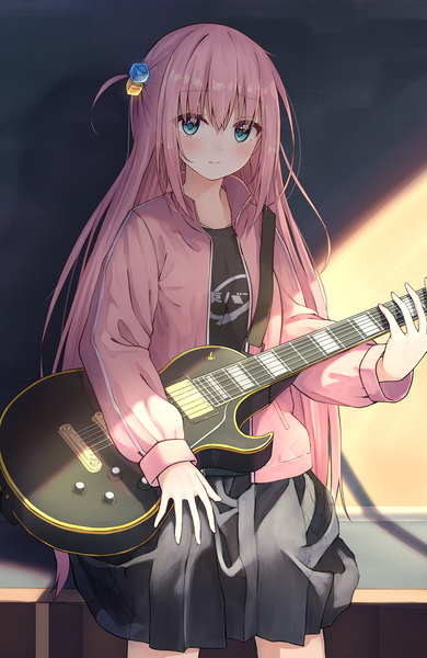 Anime picture 1104x1700 with bocchi the rock! cloverworks gotou hitori n2 (yf33) single long hair tall image looking at viewer fringe blue eyes hair between eyes sitting pink hair open jacket one side up girl hair ornament jacket musical instrument guitar
