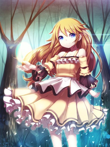 Anime picture 1200x1600 with original christinya single long hair tall image looking at viewer blue eyes blonde hair girl dress plant (plants) tree (trees)