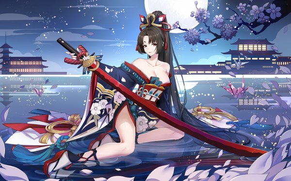 Anime picture 8000x5000 with onmyoji youtouhime k12io single looking at viewer fringe highres light erotic black hair red eyes sitting bare shoulders holding payot absurdres cloud (clouds) full body bent knee (knees) outdoors ponytail