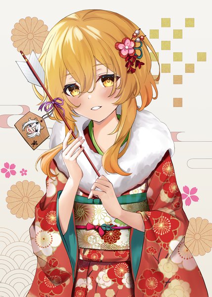 Anime picture 1590x2223 with genshin impact lumine (genshin impact) paimon (genshin impact) soukoku single long hair tall image blush fringe blonde hair hair between eyes yellow eyes upper body traditional clothes parted lips japanese clothes new year seigaiha kikumon girl