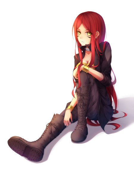 Anime picture 1800x2400 with original dmith (baguscasbon) single long hair tall image highres simple background white background yellow eyes bent knee (knees) red hair tattoo piercing girl boots bracelet thigh boots cloak collar cross-laced footwear