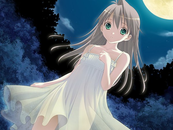 Anime picture 1024x768 with fluorite memories long hair brown hair green eyes game cg night girl moon sundress