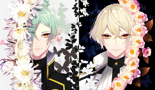 Anime picture 3000x1748 with touken ranbu nitroplus higekiri (touken ranbu) hizamaru (touken ranbu) motsuni (lxxe1120) looking at viewer fringe highres short hair blonde hair hair between eyes wide image hair over one eye aqua hair multiple boys orange eyes multiview boy flower (flowers) insect