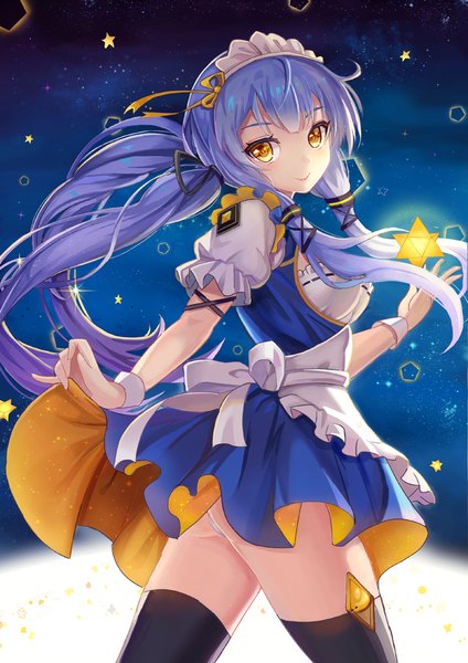 Anime picture 700x990 with vocaloid xingchen l.bou single long hair tall image looking at viewer blush fringe light erotic smile yellow eyes purple hair ass night short sleeves maid alternate costume puffy sleeves night sky