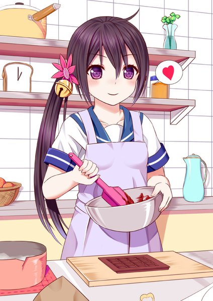 Anime picture 595x841 with kantai collection akebono destroyer ikeda yuuki (artist) single long hair tall image looking at viewer blush fringe black hair smile standing purple eyes ponytail hair flower side ponytail hair bell cooking girl uniform