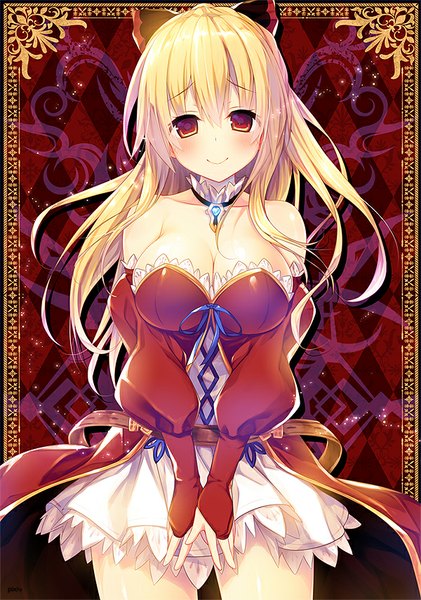 Anime picture 600x854 with granblue fantasy vira lilie konomi (kino konomi) single long hair tall image looking at viewer blush fringe breasts light erotic blonde hair red eyes bare shoulders cleavage shiny skin girl dress gloves bow