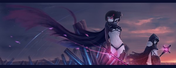 Anime picture 2467x958 with original monono long hair highres black hair red eyes wide image multiple girls pointy ears midriff glowing letterboxed girl gloves navel weapon 2 girls sword hood cloak