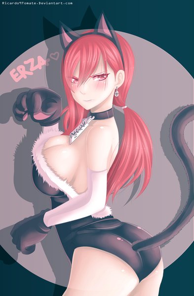 Anime picture 1698x2590 with fairy tail erza scarlet ric9duran single long hair tall image blush breasts light erotic large breasts animal ears pink hair ponytail tail animal tail pink eyes cat ears inscription shadow cat girl