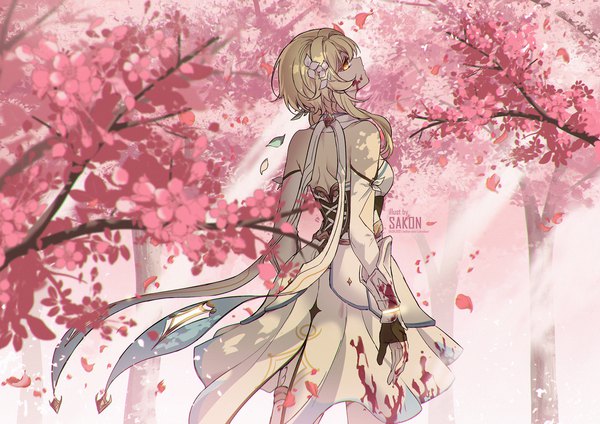 Anime picture 1697x1200 with genshin impact lumine (genshin impact) sakon04 (sakonlieur) single short hair blonde hair standing signed yellow eyes outdoors profile from behind sunlight cherry blossoms looking up sunbeam blood on face bloody clothes girl plant (plants)