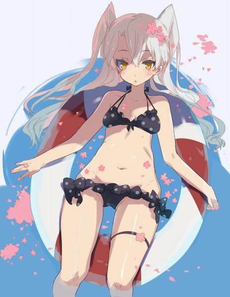 Anime picture 990x1280 with kantai collection amatsukaze destroyer agu single long hair tall image blush light erotic hair between eyes yellow eyes lying hair flower from above grey hair two side up spread arms afloat girl flower (flowers) swimsuit