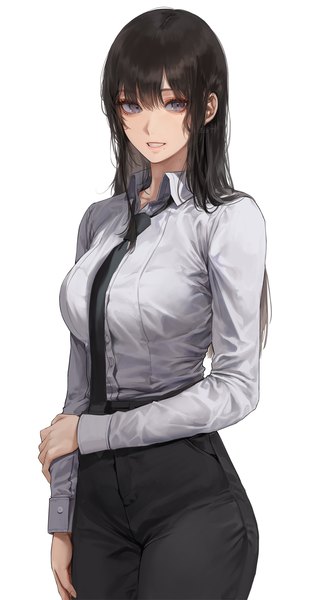 Anime picture 800x1500 with original kim eb single long hair tall image looking at viewer fringe breasts black hair simple background smile hair between eyes standing white background signed long sleeves mole grey eyes mole under eye grin