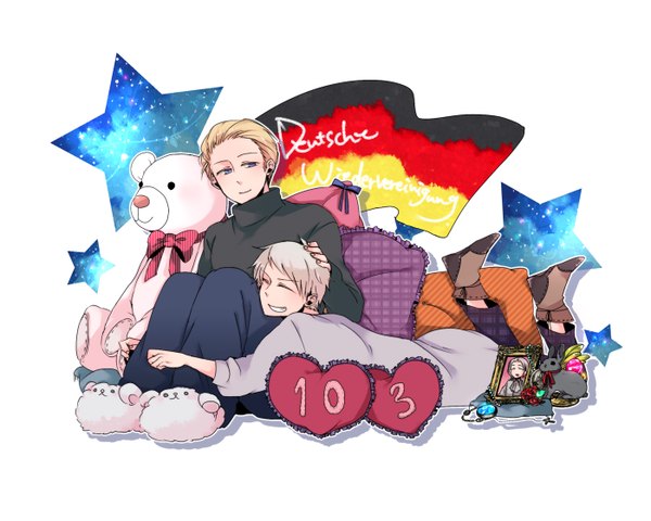 Anime picture 1400x1120 with axis powers hetalia studio deen prussia (hetalia) germany (hetalia) ameno yukiya blue eyes blonde hair simple background white background eyes closed shounen ai boy pillow star (symbol) star (stars) toy stuffed animal teddy bear bunny flag