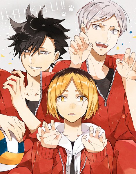 Anime picture 827x1057 with haikyuu!! production i.g kuroo tetsurou kozume kenma haiba lev akeno06 tall image looking at viewer fringe short hair open mouth black hair smile holding multicolored hair fingernails grey hair black eyes two-tone hair multiple boys