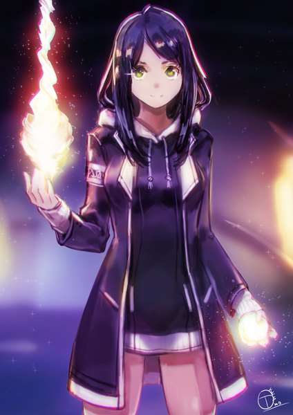 Anime picture 2480x3508 with original okuto single long hair tall image looking at viewer fringe highres breasts black hair standing holding green eyes signed payot long sleeves open jacket magic sleeves past wrists girl