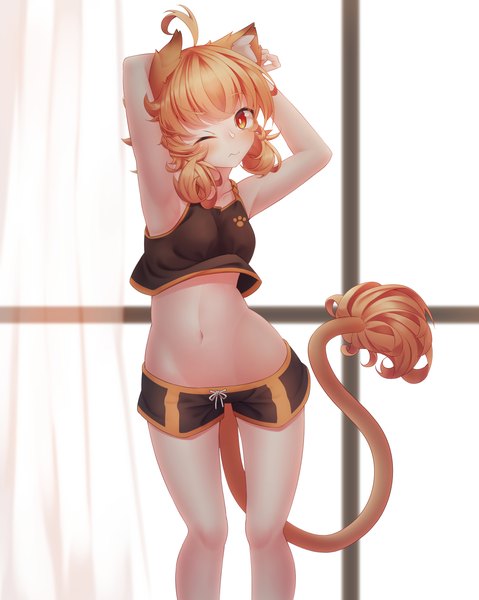 Anime picture 2241x2806 with original million (kzy090) kzy090 single tall image looking at viewer fringe highres short hair breasts light erotic red eyes animal ears ahoge tail animal tail one eye closed cat ears orange hair arms up
