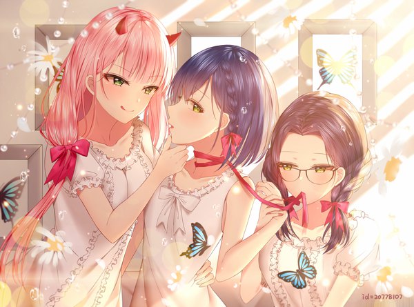 Anime picture 1346x1000 with darling in the franxx studio trigger zero two (darling in the franxx) ichigo (darling in the franxx) ikuno (darling in the franxx) junpaku karen long hair blush fringe short hair open mouth black hair hair between eyes multiple girls holding green eyes yellow eyes blue hair pink hair upper body