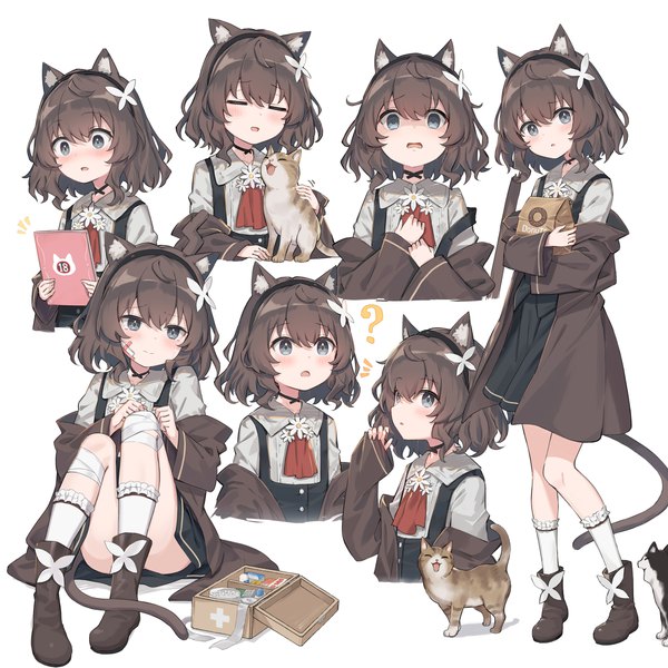 Anime picture 4000x4000 with original satou (3366 s) fringe highres short hair open mouth simple background brown hair white background sitting multiple girls animal ears absurdres tail long sleeves animal tail hair flower cat ears open clothes cat girl