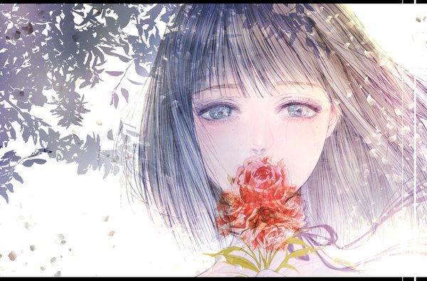Anime picture 2138x1409 with original kuroe (pixiv5268156) single looking at viewer fringe highres short hair blue eyes black hair wind letterboxed face covered mouth girl flower (flowers) ribbon (ribbons) rose (roses) branch red rose