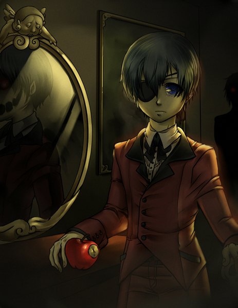 Anime picture 1275x1650 with kuroshitsuji a-1 pictures sebastian michaelis ciel phantomhive tall image looking at viewer short hair blue eyes black hair demon horror boy uniform eyepatch fruit apple monster mirror tuxedo bitten apple