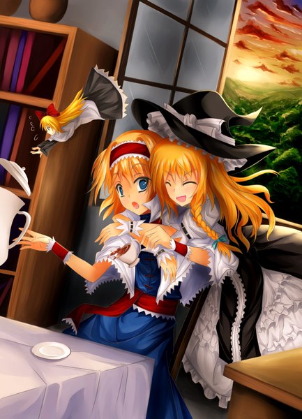 Anime picture 2600x3600 with touhou kirisame marisa alice margatroid shanghai lazy-remnant (artist) long hair tall image highres short hair open mouth blue eyes smile multiple girls sky cloud (clouds) braid (braids) eyes closed profile orange hair hug