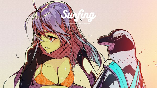 Anime picture 1916x1074 with original apapico single long hair blush fringe highres light erotic hair between eyes red eyes wide image looking away cleavage purple hair ahoge parted lips text floral print girl animal