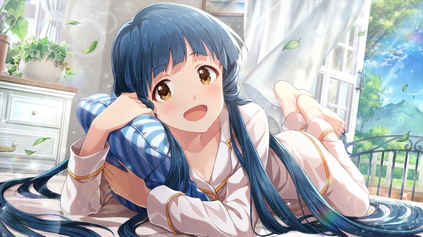 Anime picture 1282x722 with idolmaster idolmaster million live! idolmaster million live! theater days kitakami reika single looking at viewer blush fringe open mouth wide image brown eyes blue hair full body lying very long hair barefoot wind official art sparkle pillow hug