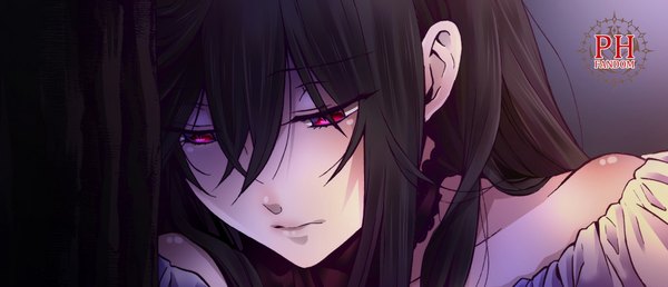 Anime picture 1031x444 with pandora hearts xebec lacie baskerville mochizuki jun single long hair black hair wide image bare shoulders looking away pink eyes looking down close-up girl