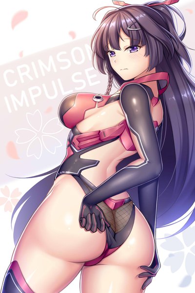Anime picture 1200x1800 with benghuai xueyuan honkai (series) raiden mei guardian-panda single long hair tall image breasts light erotic black hair large breasts purple eyes looking away ass from behind inscription turning head bare back hand on ass huge ass