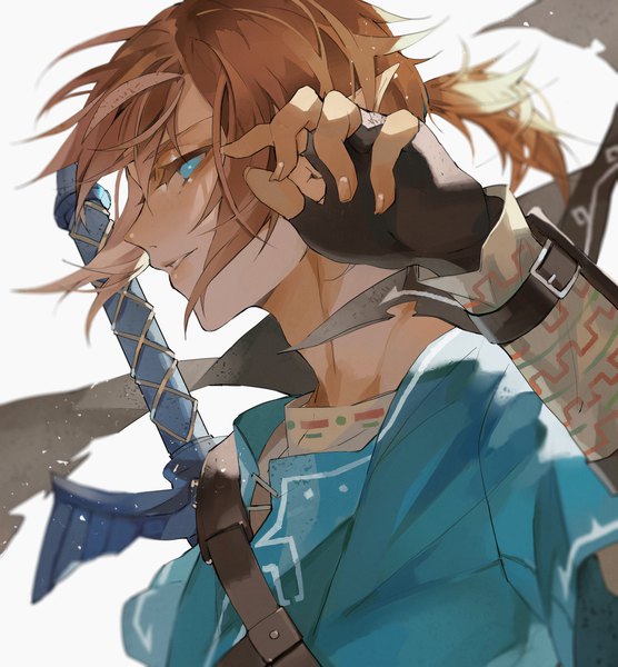 Anime picture 2500x2700 with the legend of zelda the legend of zelda: breath of the wild nintendo link kamui (kurohshiro1) single tall image highres short hair blue eyes blonde hair white background looking away upper body ponytail profile wind boy gloves weapon