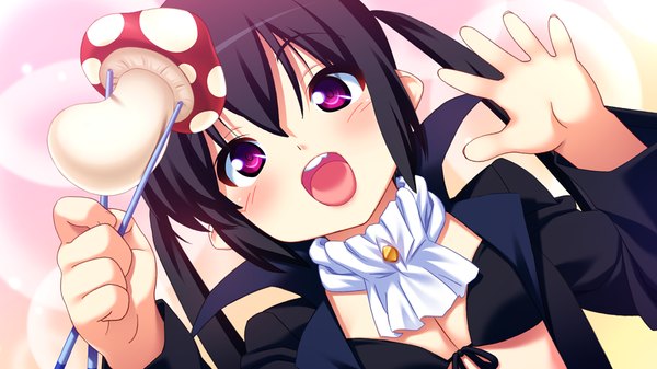 Anime picture 1024x576 with makai tenshi djibril maimai long hair open mouth light erotic black hair wide image twintails game cg pink eyes loli girl