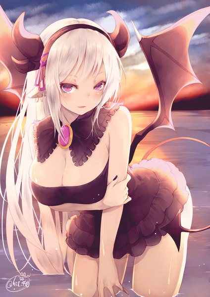 Anime picture 1413x2000 with original chita (ketchup) single long hair tall image looking at viewer blush breasts light erotic large breasts purple eyes signed sky cleavage white hair nail polish horn (horns) leaning leaning forward piercing