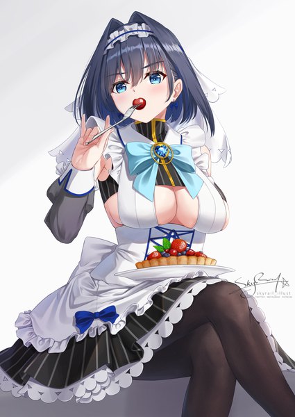 Anime picture 1063x1500 with virtual youtuber hololive hololive english ouro kronii ouro kronii (1st costume) skyrail (skynetrailgun) single tall image looking at viewer blush fringe short hair breasts blue eyes light erotic black hair simple background hair between eyes large breasts white background