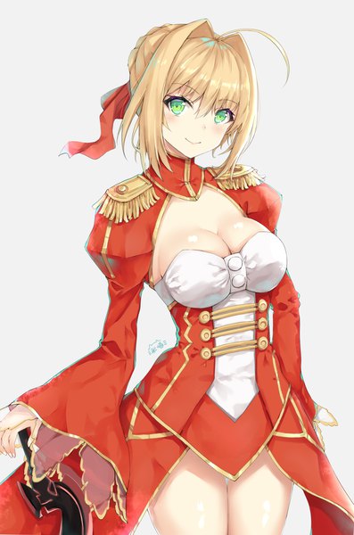 Anime picture 1150x1738 with fate (series) fate/extra nero claudius (fate) (all) nero claudius (fate) zhudacaimiao single tall image looking at viewer fringe short hair breasts light erotic simple background blonde hair smile hair between eyes large breasts standing holding green eyes