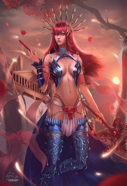 Anime picture 817x1200 with original dawn (character) raikoart single long hair tall image fringe breasts light erotic hair between eyes standing bare shoulders holding signed yellow eyes payot looking away outdoors red hair nail polish