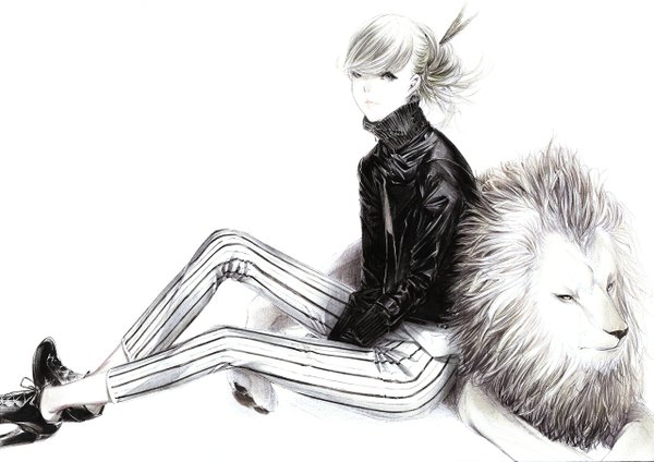 Anime picture 1280x905 with original sousou (sousouworks) single looking at viewer fringe open mouth simple background blonde hair white background sitting full body grey hair open clothes open jacket teeth high heels monochrome striped casual fashion