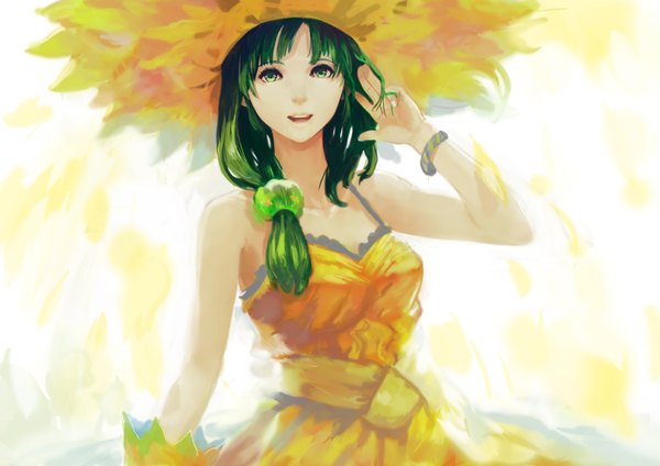 Anime picture 3508x2480 with original okuto single long hair looking at viewer fringe highres open mouth green eyes absurdres outdoors :d green hair light smile wind adjusting hair girl dress hair ornament hat