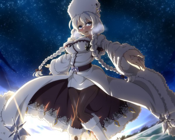 Anime picture 1280x1024 with azur lane avrora (azur lane) minazuki penguin single long hair looking at viewer blush fringe breasts open mouth smile hair between eyes large breasts standing bare shoulders payot sky cloud (clouds) bent knee (knees) outdoors
