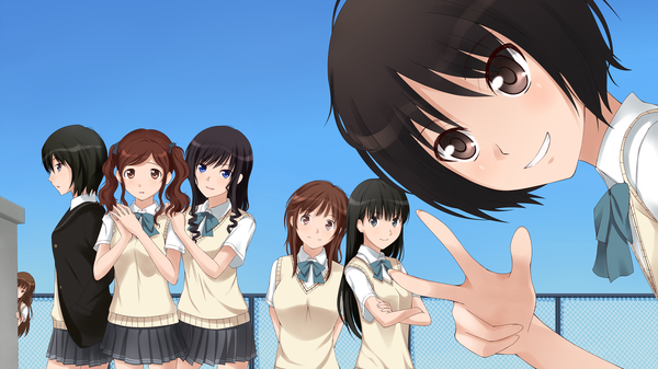 Anime picture 3200x1800 with amagami nanasaki ai morishima haruka ayatsuji tsukasa tanamachi kaoru nakata sae sakurai rihoko tachibana miya kamizaki risa qiuzhi huiyi long hair highres short hair blue eyes black hair smile brown hair wide image twintails multiple girls