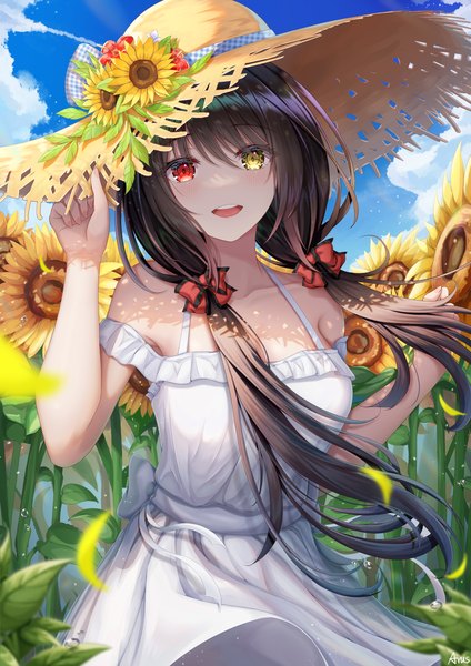 Anime picture 4134x5847 with date a live tokisaki kurumi arus single long hair tall image looking at viewer blush fringe highres black hair smile hair between eyes red eyes standing twintails bare shoulders yellow eyes absurdres sky