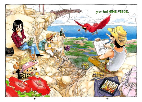 Anime picture 1653x1200 with one piece toei animation nami (one piece) monkey d. luffy nico robin roronoa zoro sanji tony tony chopper usopp oda eiichirou fringe short hair breasts open mouth black hair smile sitting multiple girls holding cleavage