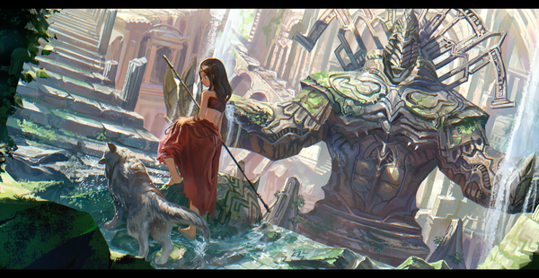 Anime picture 1858x960 with original ox (baallore) single long hair highres black hair wide image barefoot walking ruins waterfall architecture girl skirt weapon animal water crop top stairs spear