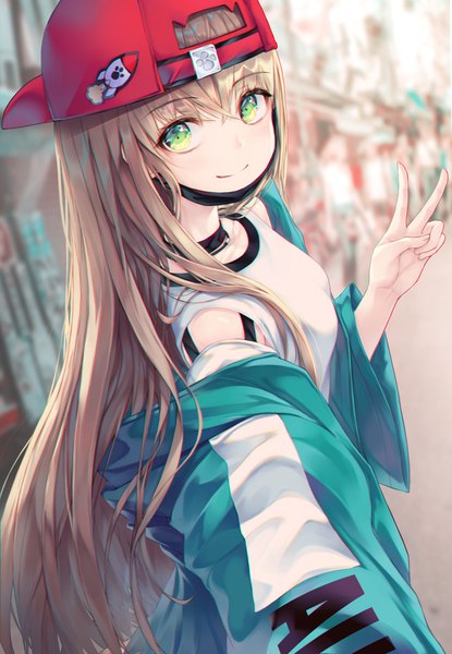 Anime picture 1107x1600 with original h2o (dfo) single long hair tall image looking at viewer fringe blonde hair smile hair between eyes standing green eyes outdoors blurry off shoulder wide sleeves open jacket depth of field victory fashion