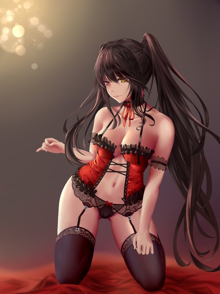 Anime picture 1772x2362 with date a live tokisaki kurumi yuzuriha (pixiv 14248010) single long hair tall image looking at viewer fringe highres breasts light erotic black hair simple background hair between eyes red eyes large breasts twintails bare shoulders yellow eyes payot