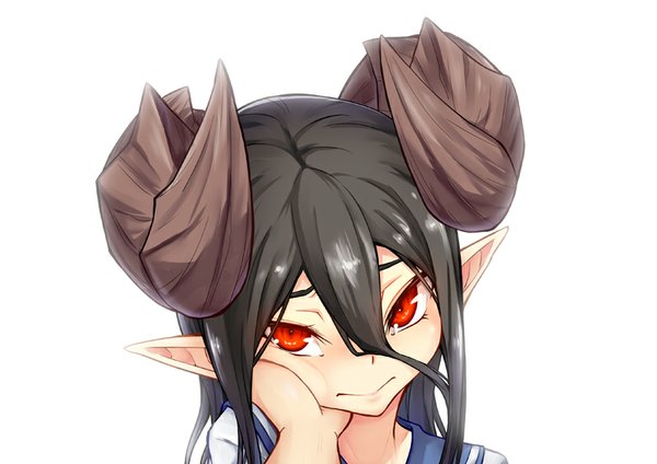 Anime picture 800x566 with original horned girl (dream demon) dream demon single long hair looking at viewer fringe black hair simple background smile red eyes white background horn (horns) pointy ears portrait eyebrows hand on face girl uniform serafuku