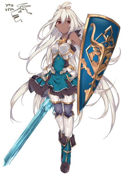 Anime picture 700x966 with granblue fantasy the order grande haruyuki (yukichasoba) single tall image fringe breasts hair between eyes red eyes standing bare shoulders holding signed payot looking away full body ahoge white hair very long hair horn (horns)