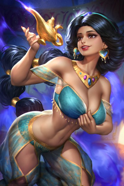 Anime picture 2400x3597 with aladdin disney jasmine nudtawut thongmai single long hair tall image blush fringe highres breasts light erotic black hair large breasts standing brown eyes looking away braid (braids) traditional clothes fingernails