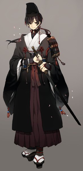 Anime picture 705x1441 with original newo (shinra-p) single tall image fringe short hair black hair simple background smile looking away traditional clothes japanese clothes grey background wide sleeves gradient background eyebrows unsheathing boy weapon hat