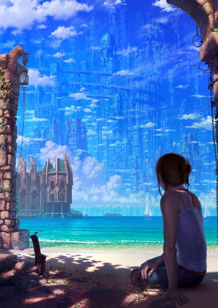 Anime picture 2953x4169 with original reishin single tall image highres black hair sitting absurdres sky cloud (clouds) from behind beach landscape girl water sea castle watercraft boat